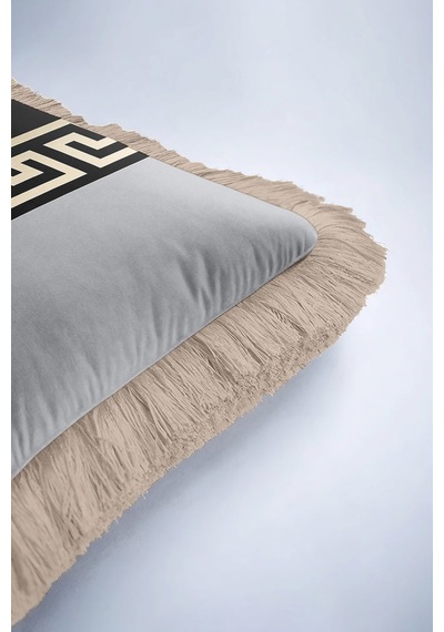 Lüks Geometrik Motifli Saçaklı Yastık Kılıfı - Klasik Yunan Siyah Gri Gold Püsküllü Kırlent Kılıfı Soluk Sisli Mercan Lüks Geometrik Motifli Saçaklı Yastık Kılıfı - Klasik Yunan Siyah Gri Gold Püsküllü Kırlent Kılıfı Soluk Sisli Mercan