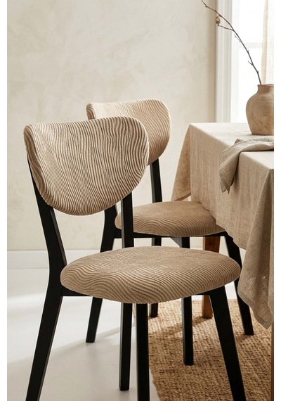 Bej Renk Jakarlı Likralı Esnek Sandalye Kılıfı Takımı - 6'lı Set