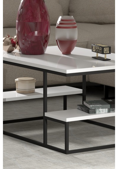 Reyo Falez Deluxe Raflı Orta Sehpa 60x90 Cm Modern Dikdörtgen Orta Sehpa Beyaz
