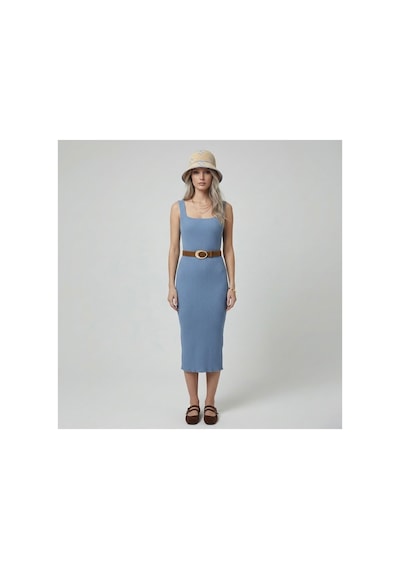 Neden Tekstil Premium Fit Kare Yaka Fitilli Triko Midi Elbise - Mavi