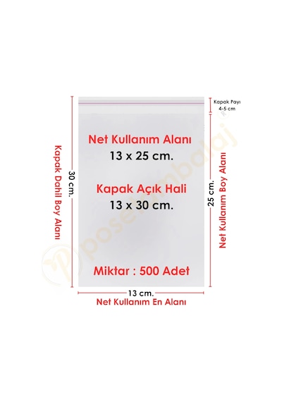 13x25+5 Cm. 13x30 500 Adet Şeffaf Bantlı Yapışkanlı Opp Poşet