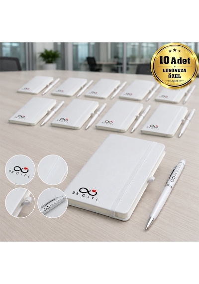 Logonuza Özel 10 Adet 923-914 9 X 14 Termo Deri Defter Ve Touch Pen Kurumsal Hediye Seti Beyaz