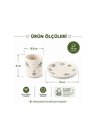 El Yapımı Seramik Türk Kahvesi Fincan Takımı,2 Kişilik-4 Parça Fincan Seti,75 Ml Çok Renkli - Papatya Desen