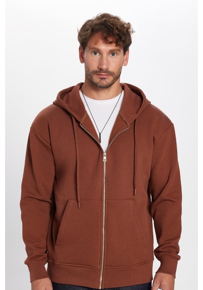 Tudors Unisex Relax Fit Rahat Kesim Pamuklu İçi Polarlı Çift Cepli Fermuarlı Kahverengi Kapüşonlu Sweatshirt-32719