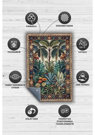 Homshtag Art Deco Tropikal Orman Vintage Halı Görünümlü Dijital Baskı Yeşil Renk Rustik Çiçekli Halı Çok Renkli
