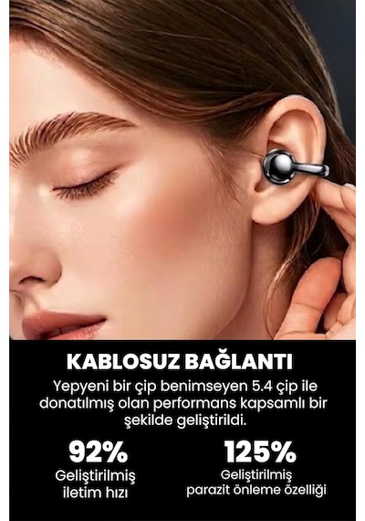 Klipsli Bluetooth Kulaklık Kablosuz Anc Enc Çift Mic. Led Gösterge Küpe Kulaklık - Siyah