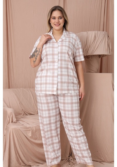 Wordex Mirano 4951 Kısa Kollu Süprem Kumaş Kareli Büyük Beden Düğmeli Kadın Pijama Takımı Beyaz Wordex Mirano 4951 Kısa Kollu Süprem Kumaş Kareli Büyük Beden Düğmeli Kadın Pijama Takımı Beyaz