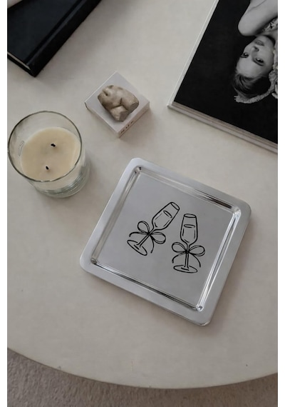 Beige &kadeh Desenli Kare Paslanmaz Çelik Çelik Çay Söz Nişan Sunum Ve Dekoratif Tepsi Diğer