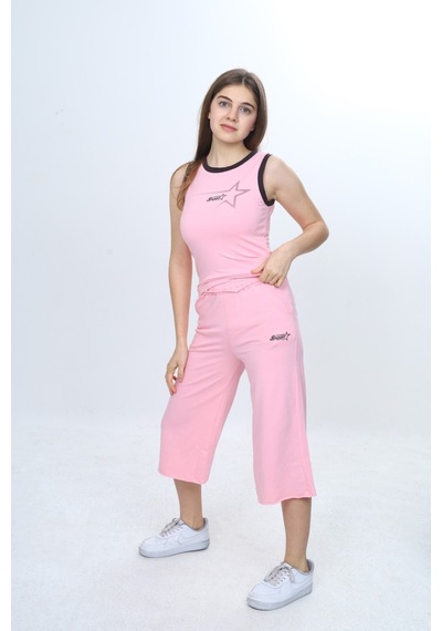 Toontoy Kids Toontoy Kız Çocuk 2'li Takım Bisiklet Yaka Baskılı Atlet & Beli Lastikli Bol Paça Baskılı Kapri 24997 Pembe