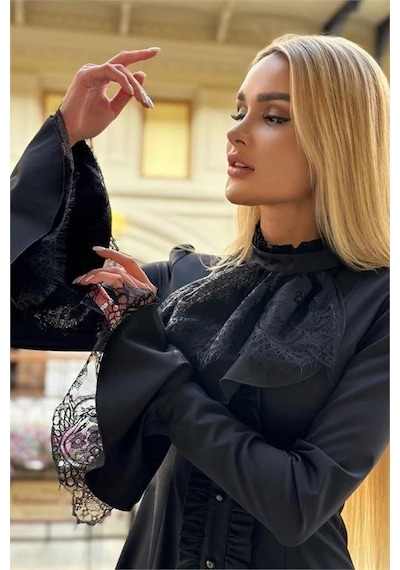 Dip Moda Kadın Siyah Dantel Detaylı Tasarım Elbise Dpnbemp2553 Siyah
