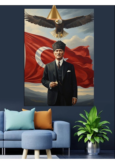 Dalgalanan Bayrak Atatürk Ve Gökteki Kartal Dekoratif Kanvas - Mdf Ahşap Tablo