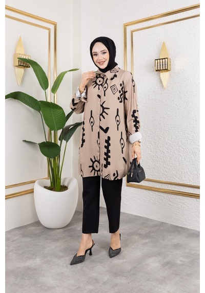 Hira Life Fashion Kadın Tesettür Giyim Ve Spor Giyime Uygun Düğme Detaylı Şık Desenli Dokuma Viskon Gömlek-tunik Bej Bej Hira Life Fashion Kadın Tesettür Giyim Ve Spor Giyime Uygun Düğme Detaylı Şık Desenli Dokuma Viskon Gömlek-tunik Bej Bej