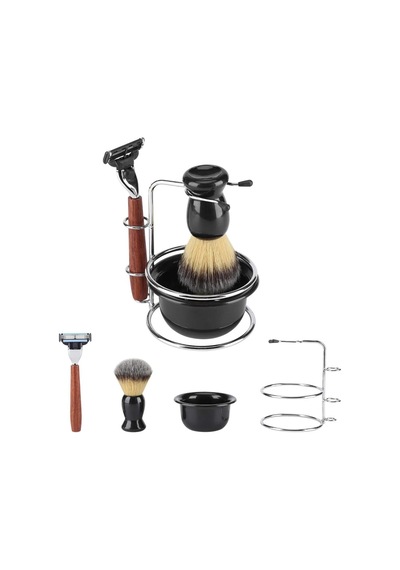 4 Parça Tıraş Kiti Manuel Ahşap + Paslanmaz Çelik Stand Tutucu + Fırça + Kase Seti