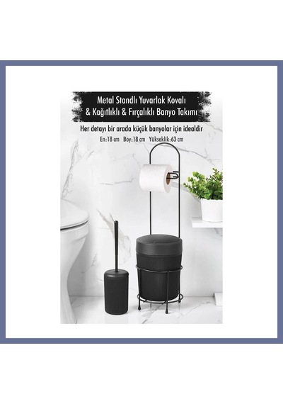 Bezos Metal Standlı Yuvarlak Kovalı & Kağıtlıklı & Fırçalıklı Siyah Banyo Takımı Dlra