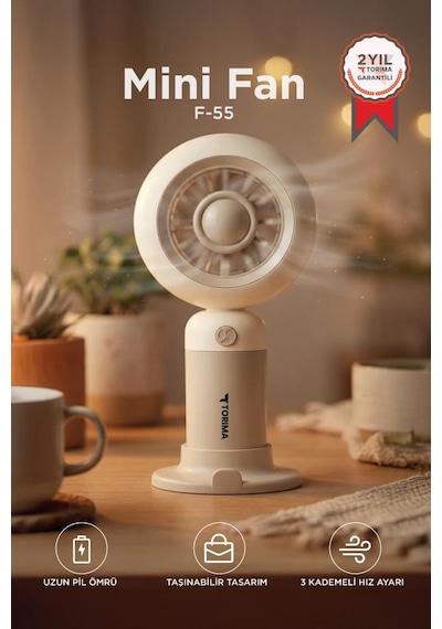 Şarjlı El Vantilatörü Telefon Standlı 3 Kademeli Masaüstü Taşınabilir Fan F55 Krem