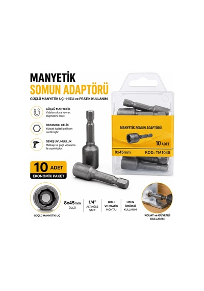 8 45 Mm Manyetik Somun Adaptörü 10'lu Ekonomik Paket Güçlü Mıknatıslı Lokma Ucu