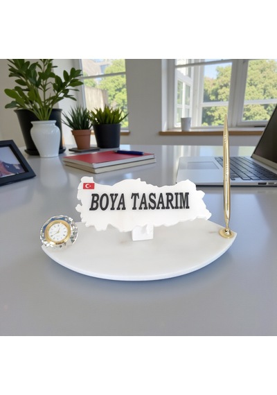 Doğal Beyaz Mermer Sümen Masa İsimliği Gold Detaylı Saat Ve Kalemli