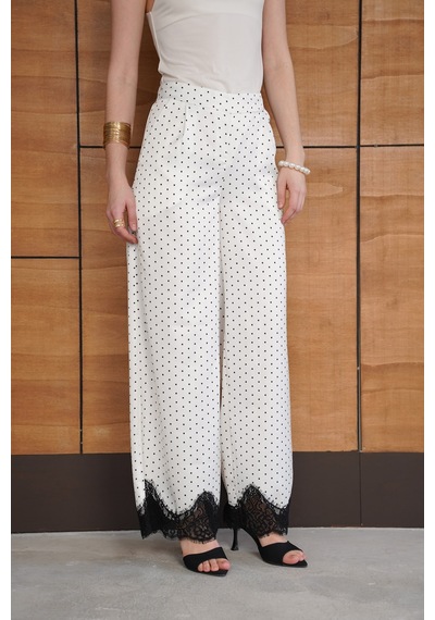 Verymoda Puantiyeli Paçası Dantelli Saten Pantolon D2970 Krem