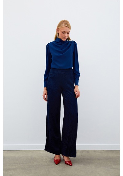Sateen Düğmeleri Taş Detaylı Bluz - Lacivert-134895 Lacivert