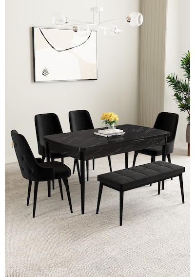 Mabel Siyah Mermer Desen 80x132 Açılabilir Yemek Odası Takımı 4 Sandalye, 1 Bench Siyah Mabel Siyah Mermer Desen 80x132 Açılabilir Yemek Odası Takımı 4 Sandalye, 1 Bench Siyah