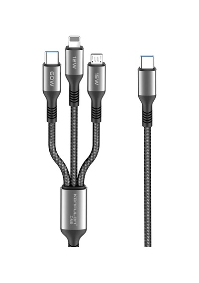 Mey Najmaddin Dc62 3in1 Type-c To 60w Type-c / 12w Lightning / 15w Micro 1.2m Hızlı Şarj Kablo - Siyah Najmaddin Belirtilmemiş