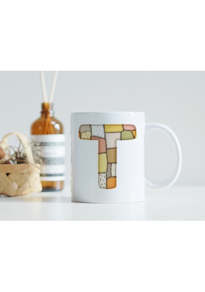 T Harfi Renkli Yamalı Tasarım Kupa Bardak - Bohem Patchwork Desenli Kupa - Etnik Hediyelik Beyaz