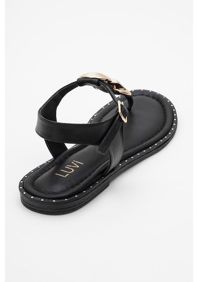 Luvishoes Luvi Shoes Helen Siyah Hakiki Deri Parmak Arası Gold Tokalı Kadın Sandalet Siyah