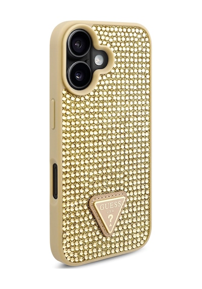 Apple Uyumlu iPhone 16 Plus Kılıf Guess Lisanslı Üçgen Logolu Taşlı Kapak Gold