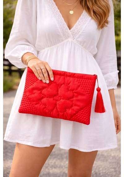 Ky Atelier Kırmızı Saten Kapitone Portföy Çanta- El Yapımı Clutch- Abiye & Günlük Kullanım- Şık Kadın Çanta