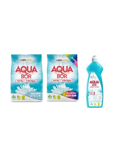 Aquabor Doğal Mineralli 4kg Beyaz + 4kg Renkliler + Bulaşık Set 0.75 LT - 2.5 LT - 12 KG