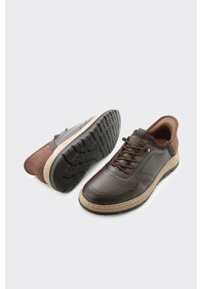 Derinet Hakiki Deri Lastik Bağcıklı Erkek Sneaker Kahve Kahve