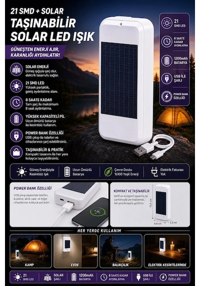 Taşınabilir Solar Led Power Bank Çokrenkli