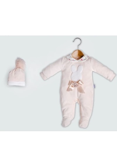 Lamato Baby Süzine Tavşan Nakışlı Şapkalı Kadife Bebe Kız Tulum SOMON