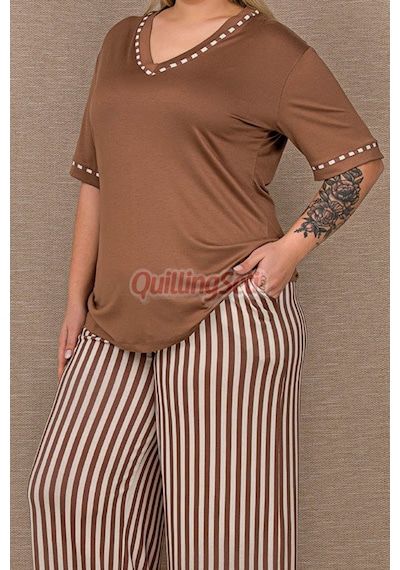 Lady Kahverengi Çizgili Desenl 11061 Kısa Kol Kadın Büyük Beden Anne Pijama Takımı Lady Kahverengi Çizgili Desenl 11061 Kısa Kol Kadın Büyük Beden Anne Pijama Takımı