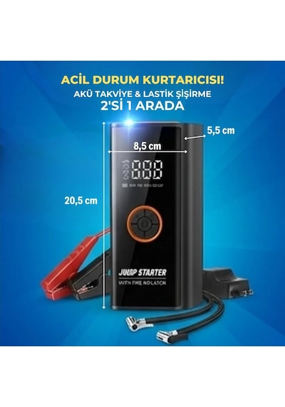 Büro Ev Ofis Kamp Keyfi İçin Powerbanklı Ekranlı Lambalı Akü Takviye Kompresörlü Lastik Pompası