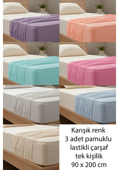 Pamuklu Lastikli Tek Kişilik Çarşaf 3 Adet Karışık Renkli 90x200 Cm Çok Renkli