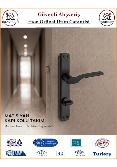 Trendhomm Sedir Aynalı - Mat Siyah - Wc Banyo Kapı Kolu - Sol