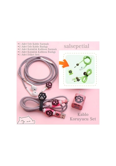 Kedi Figürlü Kablo Koruyucu Set Pembe