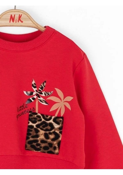 Nk Kids Kız Bebek Pamuklu Leopar Cep Detaylı Sweatshirt-14789 Kırmızı
