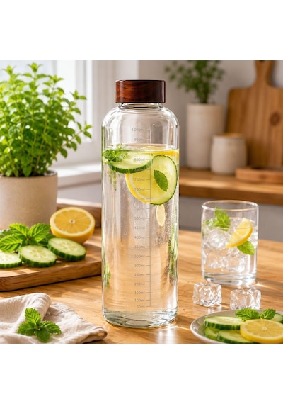 1000 Ml Akasya Kapaklı Cam Matara Ölçekli Su Şişesi Sızdırmaz Kapaklı Şeffaf Cam Suluk Diğer