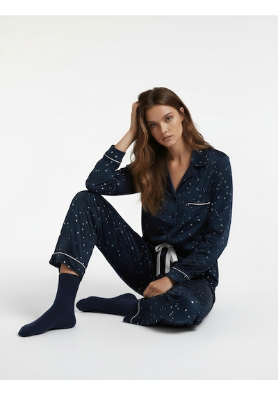 Koton Rahat Kalıp Uzun Kollu Gömlek Yaka Yıldızlı Kadife Pijama Üstü Lacivert Desenli 6wlk40172mk Lacivert Desenli