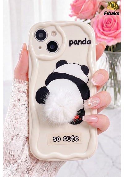 Fibaks iPhone 11 Uyumlu Kılıf Tasarımlı Desenli Kamera Korumalı Panda Beyaz Püsküllü Silikon Kapak