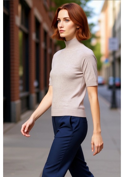 Ersefa Kadın Cool & Comfort Triko Bluz Fitted Kalıp Dik Yaka Kısa Kollu Vizon