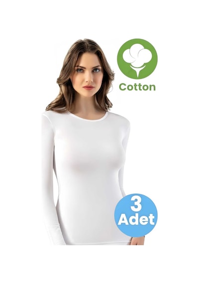 Tezzgelsin Kadın 3'lü Uzun Kollu Yuvarlak Yaka Pamuklu Atlet T-shirt Beyaz