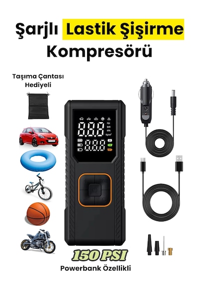 Dijital Göstergeli Led Işıklı Taşınabilir 4500mah Araç Lastik Şişirme Hava Kompresörü Siyah