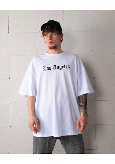 Los Angeles Baskılı Oversize Beyaz T-shirt BEYAZ
