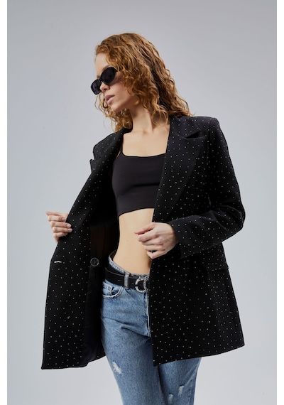 Siyah Regular Dokuma Astarlı Taş Detaylı Blazer Ceket Siyah