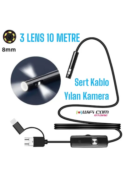 Yılan Kamera 3 Lens 10 Metre Sert Kablo