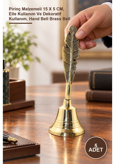 5 Adet El Çanı Pirinç Malzemeli 15 X 5 Cm, Elle Kullanım Ve Dekoratif Kullanım, Hand Bell Brass Bell