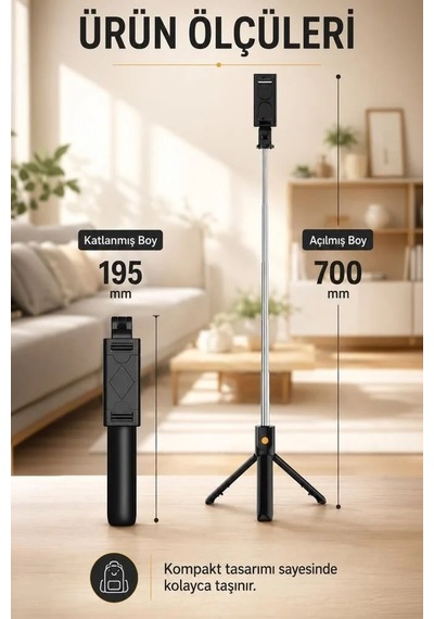 Premium Mobil Araç Çekim Aleti K07 Siyah Tripod Kumandalı Mini Selfie Çubuğu